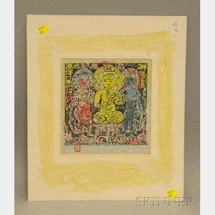 After Munakata Shiko Colored Woodblock Print The Buddha with Bodhisattvas