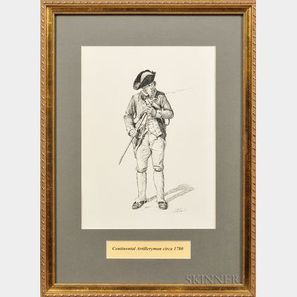 Framed Original Don Troiani Pen and Ink Study of a Continental Artilleryman