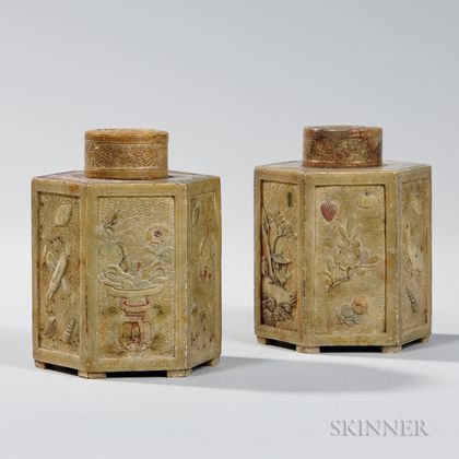 Pair of Carved Soapstone Covered Tea Caddies