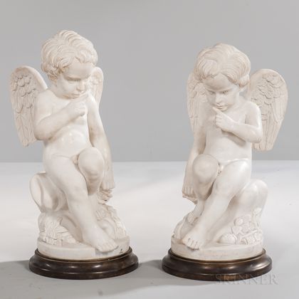 Pair of Carrara Marble Figures on Bronze Bases