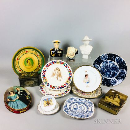 Seventeen English Commemorative Ceramic and Tin Items. Estimate $20-200