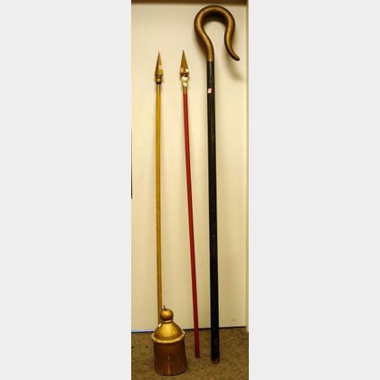Fraternal Gold Painted Carved Wooden Tassel, a Painted Odd Fellows Staff, and Two Carved and Painted Spears.... 