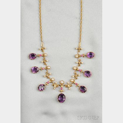 14kt Gold, Amethyst, and Pearl Necklace