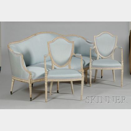 Three-Piece Louis XVI Style Upholstered White-painted Carved Wood Seating Group