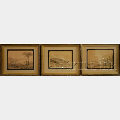 George Loring Brown (American, 1814-1889) Lot of Three Neapolitan Views: Veduta della tomba di Virgilio, Castello dell Uovo e strad... 