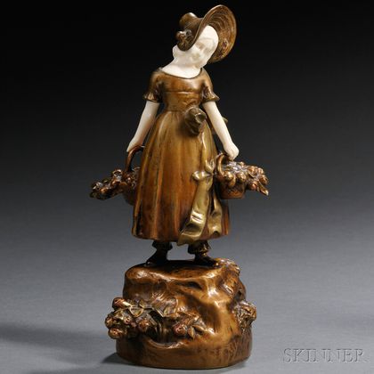 Emil Meier (Czech, b. 1877) Bronze and Ivory Figure of a Girl with Flowers