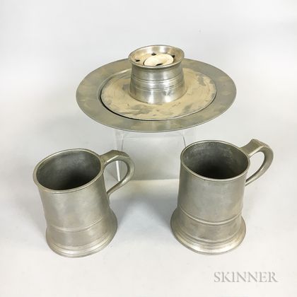 Pewter Plate, Inkwell, and Two Mugs