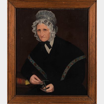 Ammi Phillips (New York/Connecticut, 1788-1865) Portrait of a Woman in Lace Bonnet Holding Her Glasses