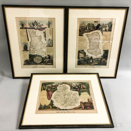 Three Framed French Hand-colored Engravings of Maps