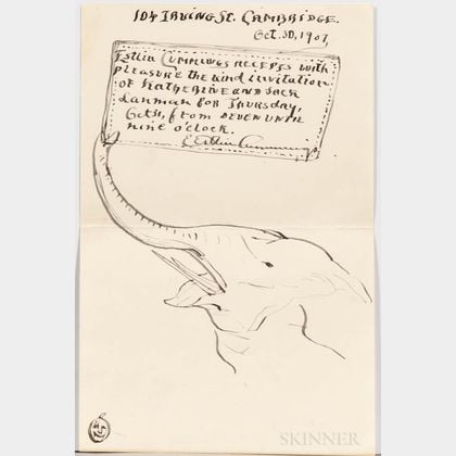 Cummings, Edward Estlin (1894-1962) Original Drawing and Signed Note, Cambridge, 30 October 1907.