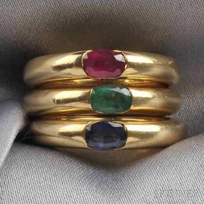 Three 18kt Gold Gem-set Rings, Cartier