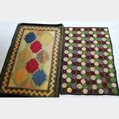 Pieced and Embroidered Penny Rug and a Geometric Pattern Hooked Rug