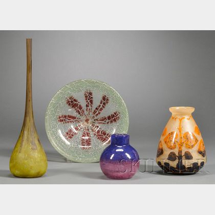 Three Art Glass Vases and A Bowl
