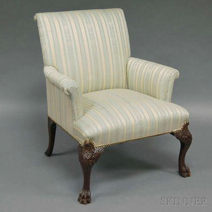 Chippendale-style Damask Upholstered Carved Mahogany Armchair. Estimate $300-350