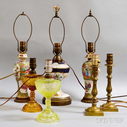 Seven Porcelain, Glass, and Brass Table Lamps