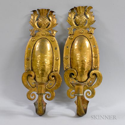 Pair of Hammered Brass Sconces