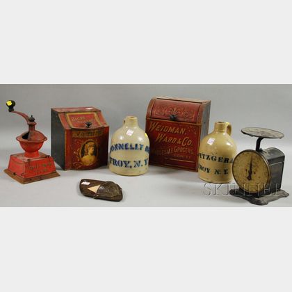 Group of Decorated Metal and Stoneware Advertising Items