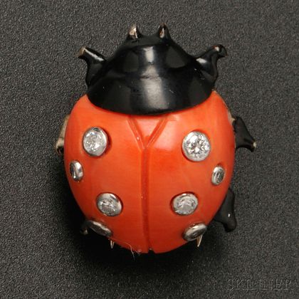 18kt White Gold, Black Lacquer, Coral, and Diamond "Ladybird" Brooch, Cartier