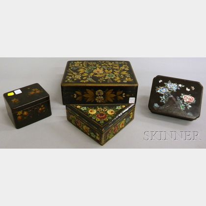 Four Assorted Polychrome-decorated Black-painted Wooden Boxes. 