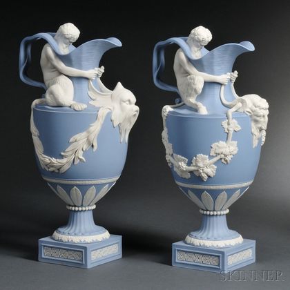 Pair of Modern Wedgwood Solid Light Blue and White Jasper Wine and Water Ewers