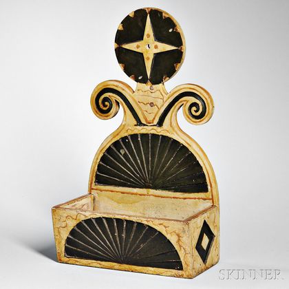 Compass- and Fan-carved and Polychrome Paint-decorated Pine Wall Box