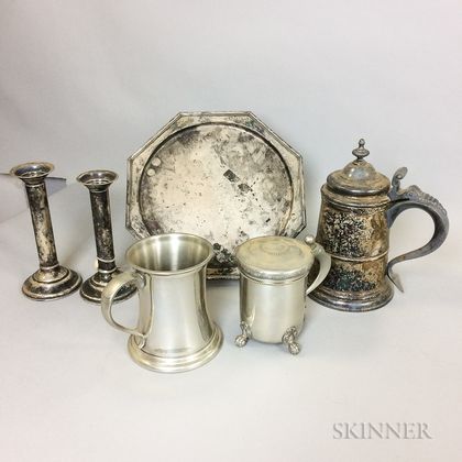 Six Sterling, Silver-plate, and Pewter Tableware Items