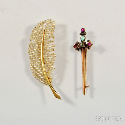 14kt Gold Gem-set Sword Brooch and a Gold-plated and Pearl Feather Brooch