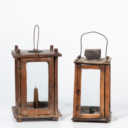 Two Glazed Wooden Candle Lanterns