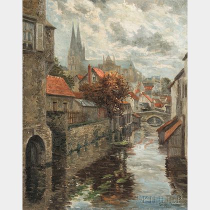 Georges Plasse (French, b. 1878) After the Rain, Chartres Cathedral and the River Eure...