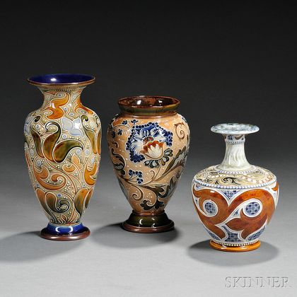 Three Doulton Lambeth Mark V. Marshall Decorated Stoneware Vases