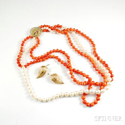 Triple-strand Coral and Pearl Necklace and 14kt Gold Earclips