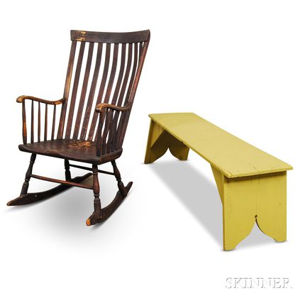 Slat-back Rocking Chair and a Yellow-painted Bench. Estimate $80-100