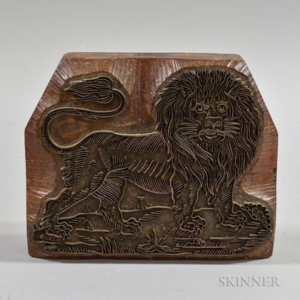 English Carved Wood and Metal Abraham Marlow Lion Textile Stamp