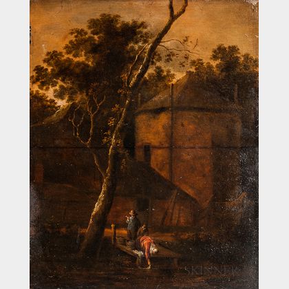 Dutch School, 17th Century Style Landscape with House and Three Figures Including a Laundress Bending over a Dock