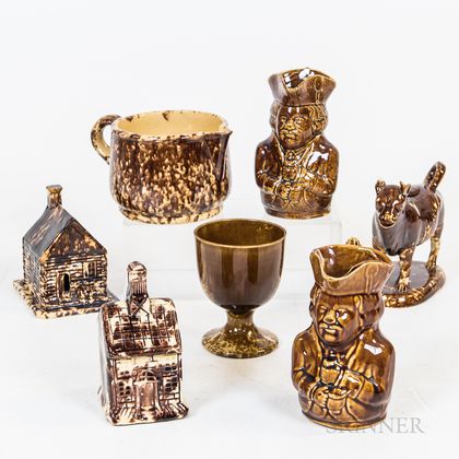 Seven Pieces of Rockingham-glazed and Bennington Pottery
