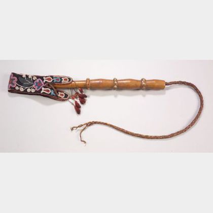 Northern Plains Carved Wood Quirt with Beaded Cloth Strap