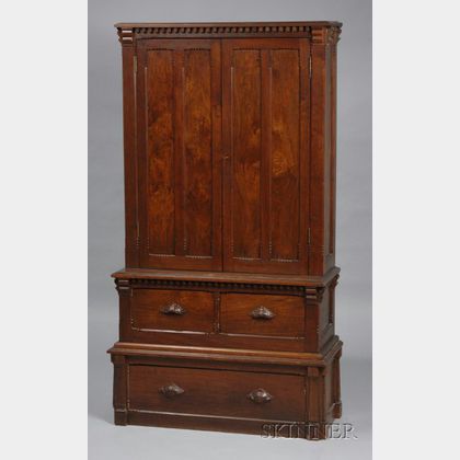 Eastlake-type Carved Walnut Library Cabinet over Drawers