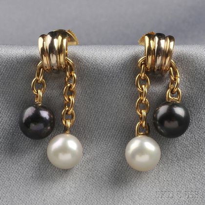18kt Tricolor Gold and Cultured Pearl Earpendants, Cartier