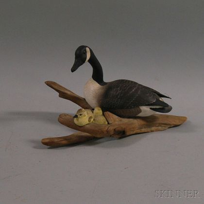 Carved and Painted Basswood Canada Goose with Goslings