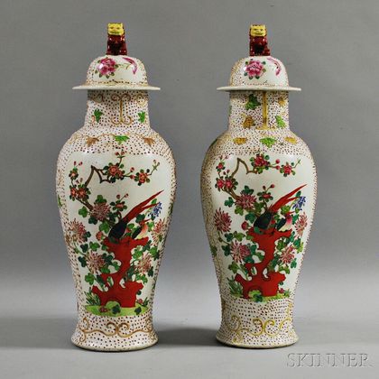 Pair of Covered Ceramic Temple Jars