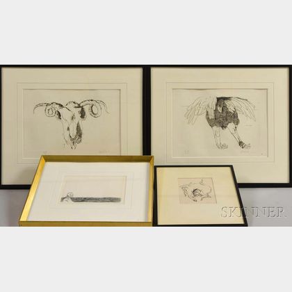 Leonard Baskin (American, 1922-2000) Four Prints: Ram's Skull, Bird, Stag