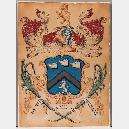 Putnam Family, Hand-painted Coat of Arms Attributed to John Coles Sr. (c. 1749-1809) or John Coles Jr. (1776-1854).
