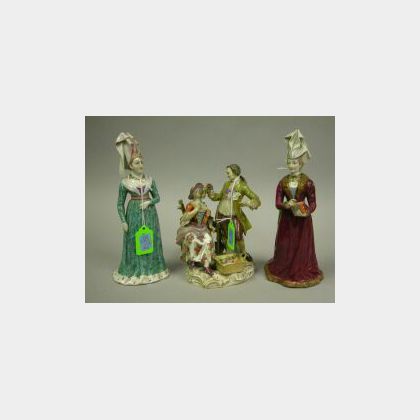 Meissen Porcelain Figural Group and Two European Porcelain Figures of a Maiden. 