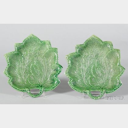 Pair of Staffordshire Green Glazed Leaf Dishes