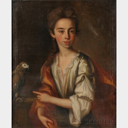 American/Continental School, 18th Century Portrait of a Young Woman with a Parrot.