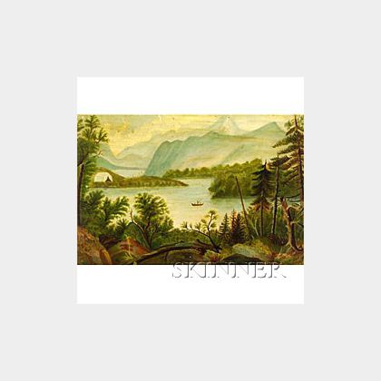 American School, 19th Century Hudson River Scene with Tent and Fisherman.