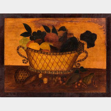 American School, Mid-19th Century Folk Still Life of a Basket of Fruit