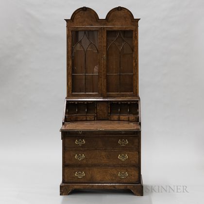 George II-style Glazed Burl Veneer Desk/Bookcase