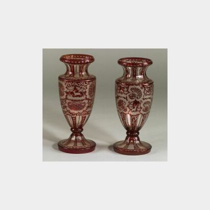 Pair of Bohemian Ruby Flashed, Cut to Clear Etched Glass Vases