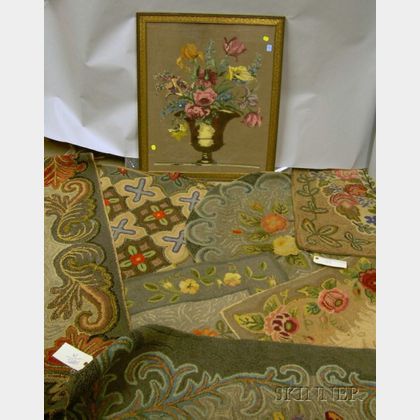Seven Hooked Rugs and a Framed Needlepoint Floral Panel